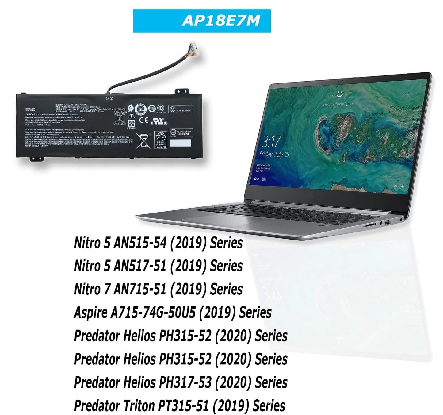 "Compatible AP18E7M battery for Acer Aspire 7, Aspire AN517, and Nitro 5 series, designed for long-lasting energy."